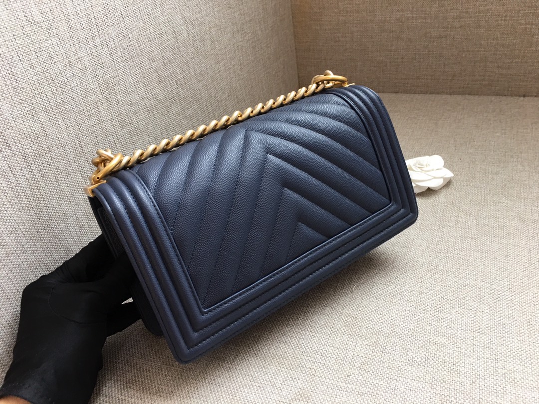 Caviar Medium Boy Handbag Flap Bag A67086 Dark Blue/Gold